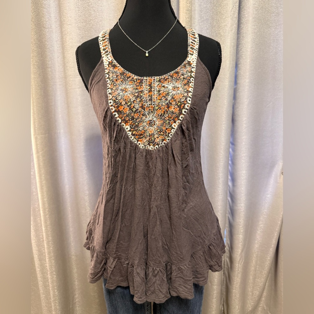 Soprano Brown and Orange Embroidered Tank Top - Size M
